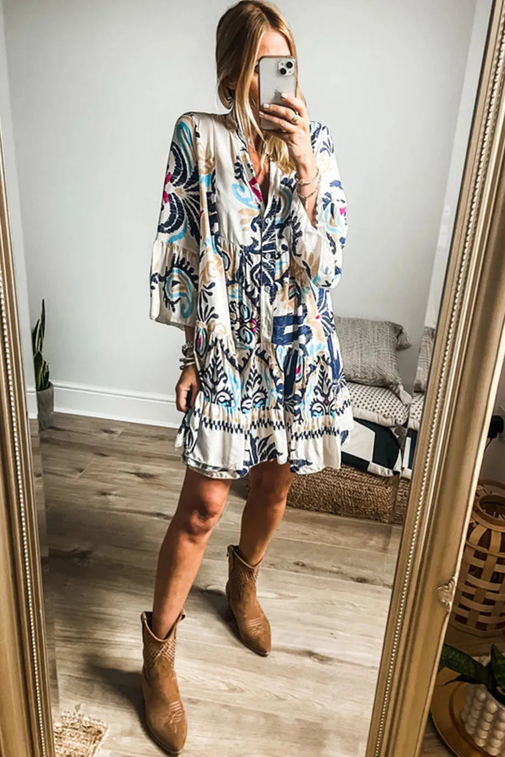 Tribal Print Bracelet Sleeve Buttoned Mini Dress-2