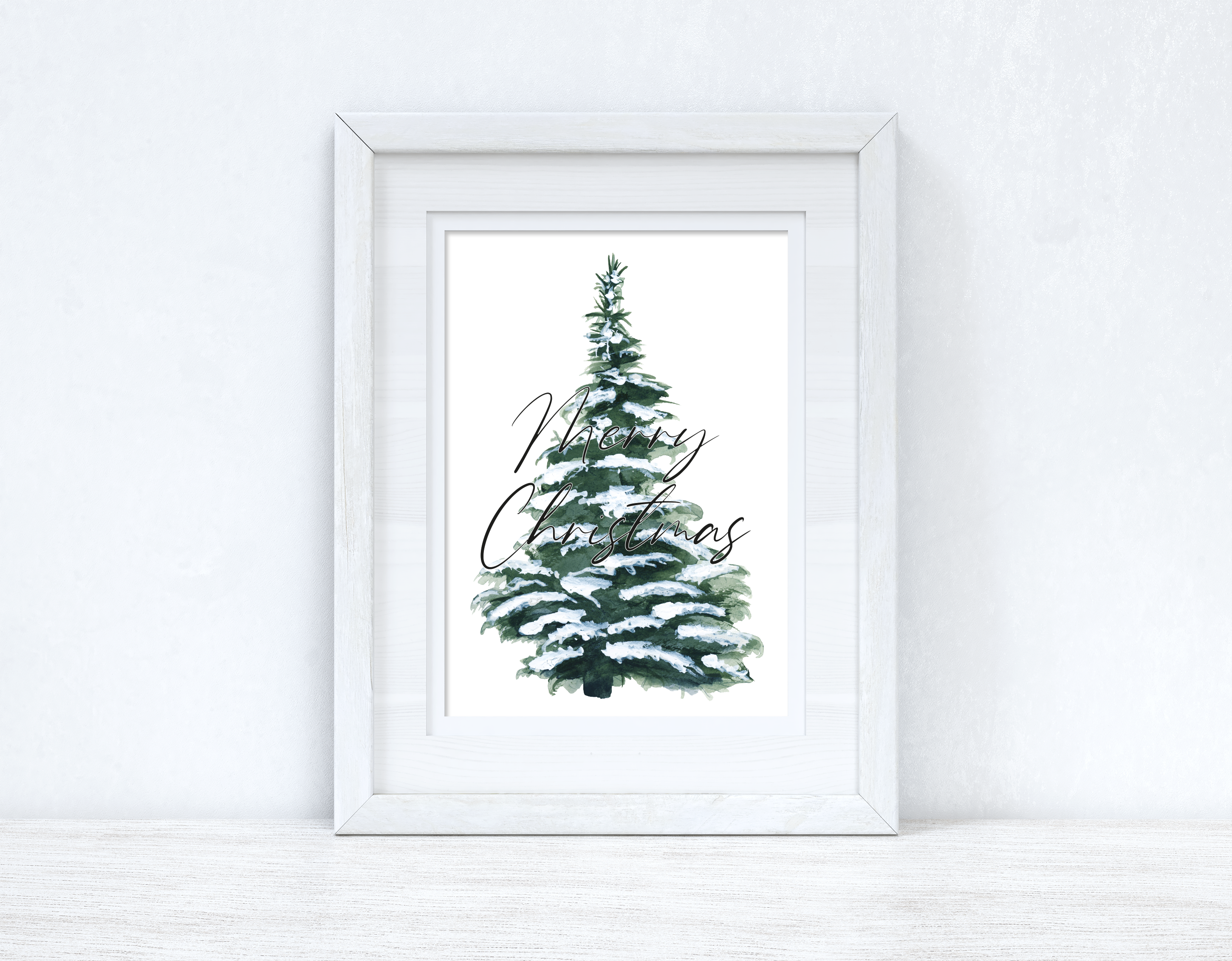Merry Christmas Snowy Tree Winter Christmas Seasonal Wall Home Decor Print