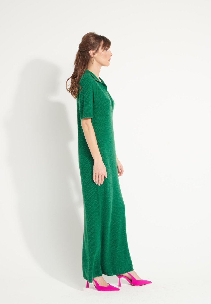 Robe longue col polo cachemire vert émeraude femme - AVA 18-1
