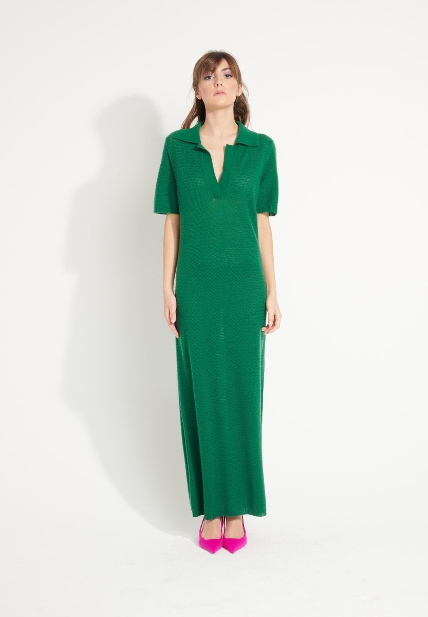 Robe longue col polo cachemire vert émeraude femme - AVA 18-0