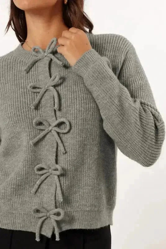 Bow Buttons Cardigan - Grey Ribbed Knit-3