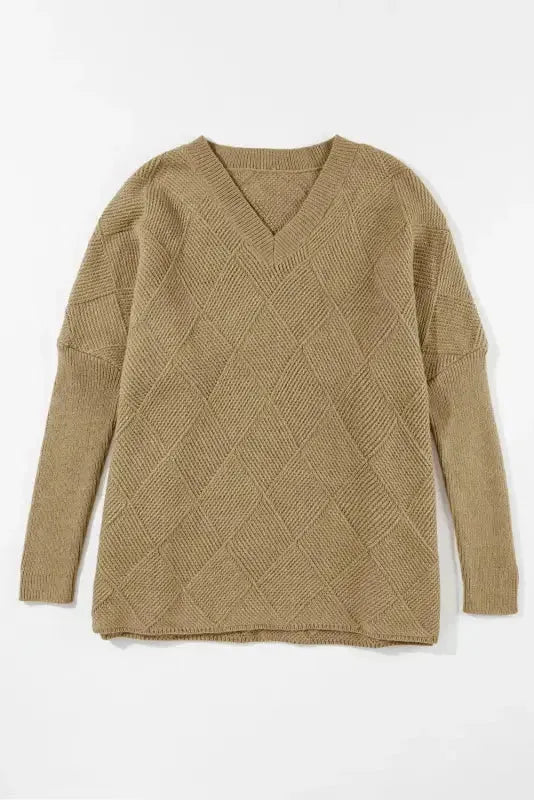 Camel Checkered Textured Batwing Sleeve Sweater-4