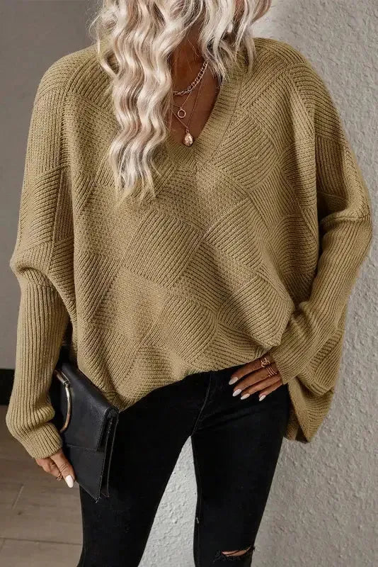 Camel Checkered Textured Batwing Sleeve Sweater-1