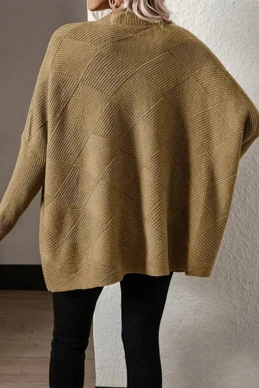 Camel Checkered Textured Batwing Sleeve Sweater-2