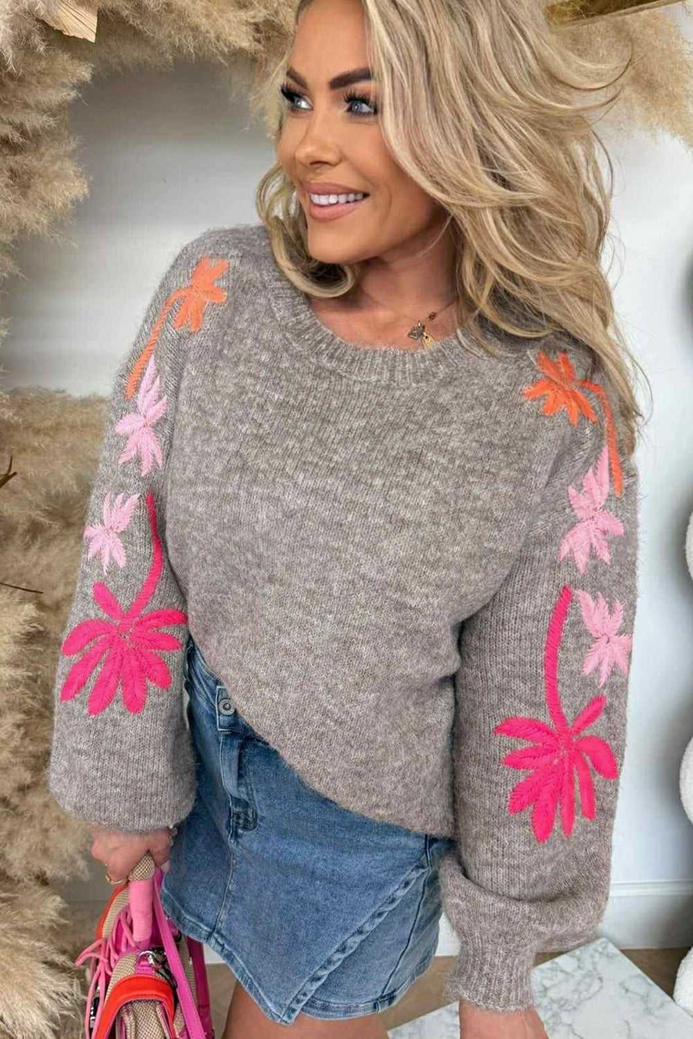 Floral Embroidered Sleeve Jumper