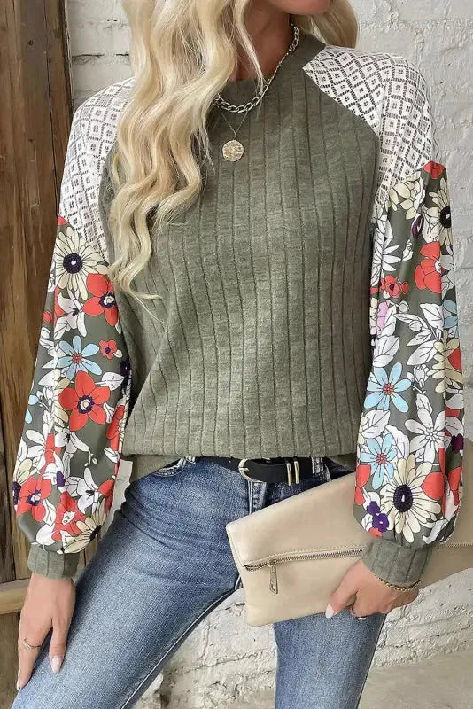 Floral Mosaic Ribbed Blouse-0