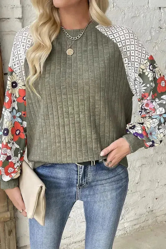 Floral Mosaic Ribbed Blouse-2