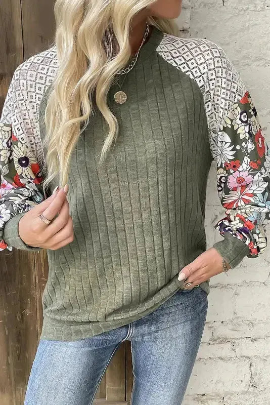 Floral Mosaic Ribbed Blouse-3