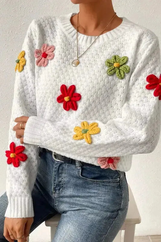 Flower Applique White Sweater-0