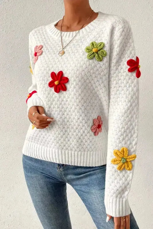 Flower Applique White Sweater-3