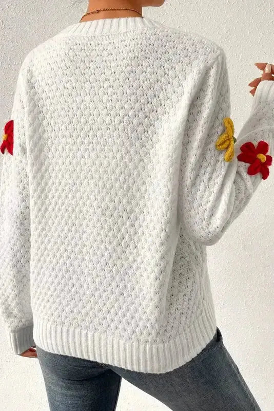 Flower Applique White Sweater-1