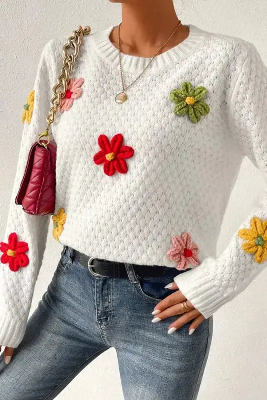 Flower Applique White Sweater-4