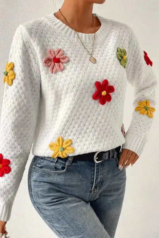 Flower Applique White Sweater-2