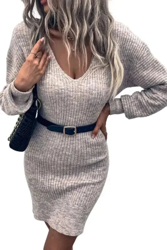 Gray V Neck Bodycon Sweater Dress-4