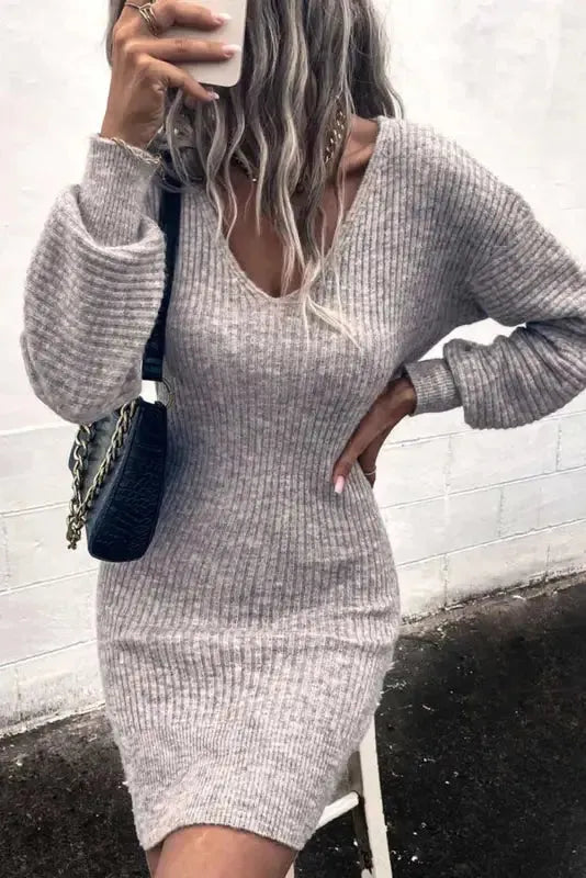 Gray V Neck Bodycon Sweater Dress-3