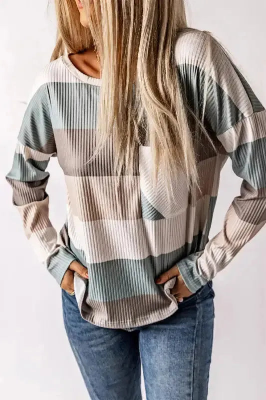 Green Color Block Ribbed Long Sleeve Top with Pocket-2