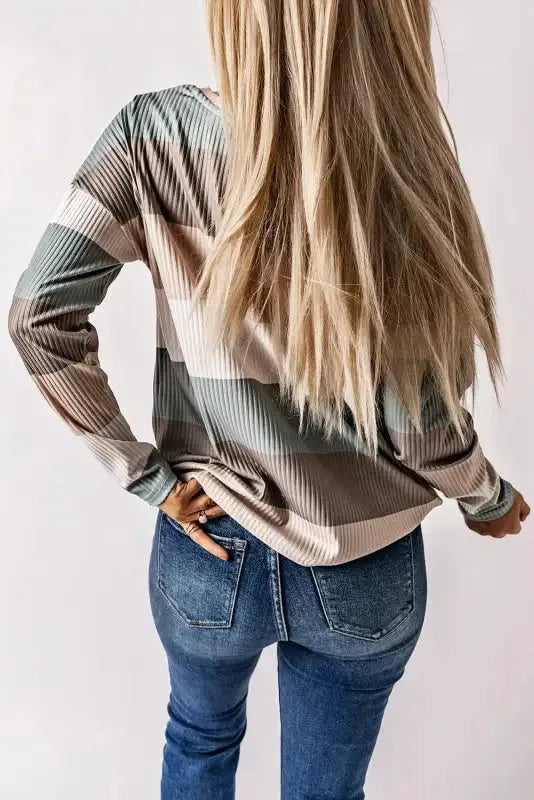 Green Color Block Ribbed Long Sleeve Top with Pocket-1