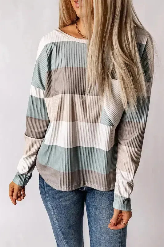 Green Color Block Ribbed Long Sleeve Top with Pocket-0