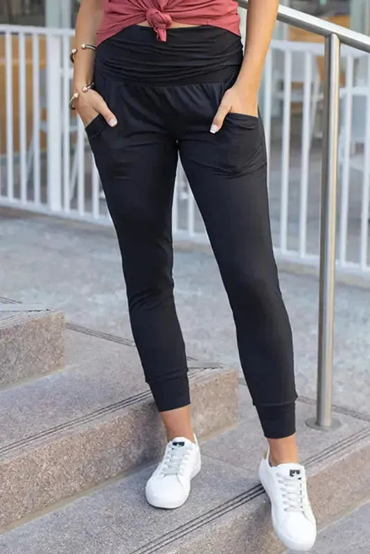 High Waist Pleated Pocket Leggings-0