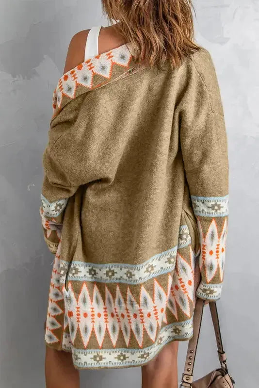 Khaki Aztec Gebreide Lange Cardigan - Duster Style