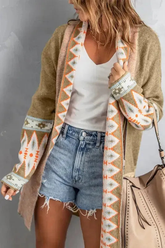 Khaki Aztec Gebreide Lange Cardigan - Duster Style