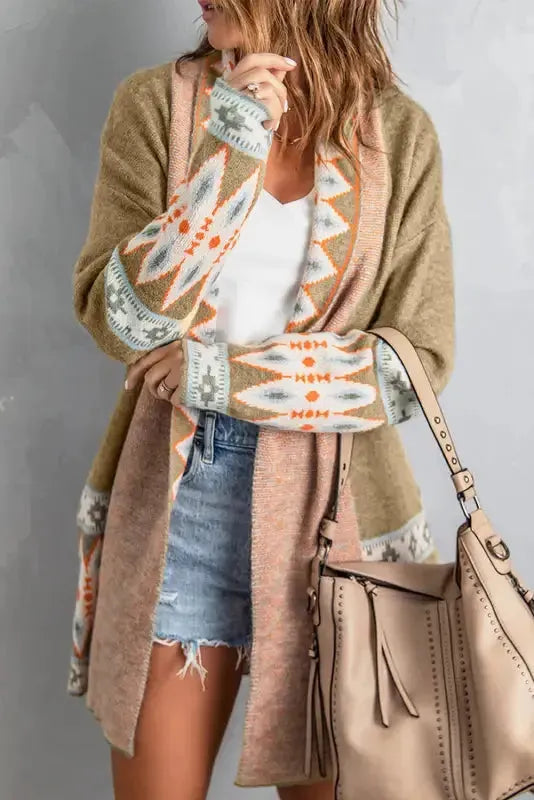 Khaki Aztec Gebreide Lange Cardigan - Duster Style