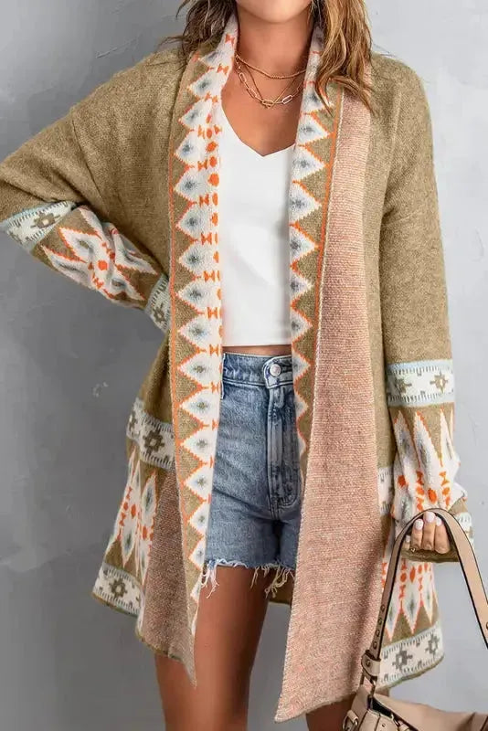 Khaki Aztec Gebreide Lange Cardigan - Duster Style