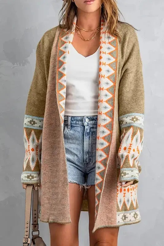 Khaki Aztec Gebreide Lange Cardigan - Duster Style