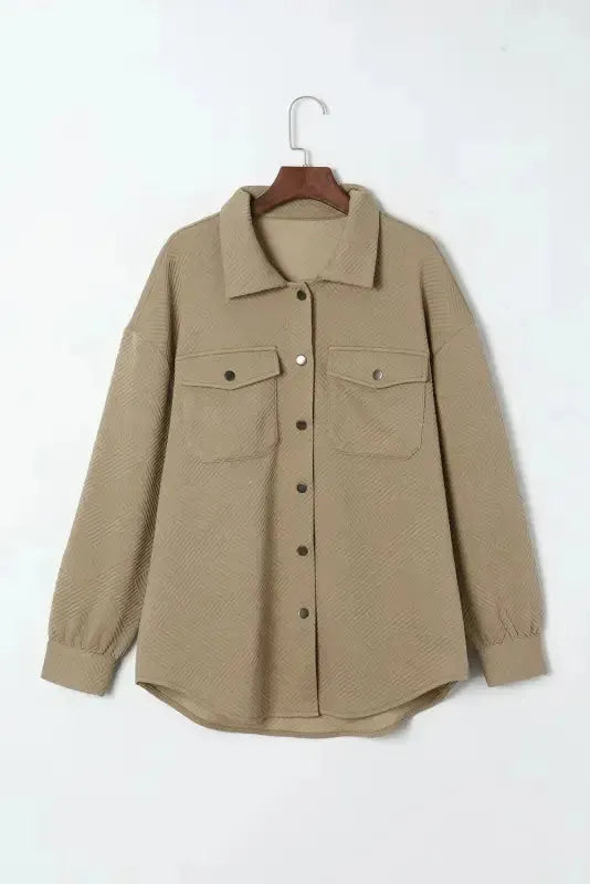 Khaki Solid Textured Flap Pocket Buttoned Shacket-4