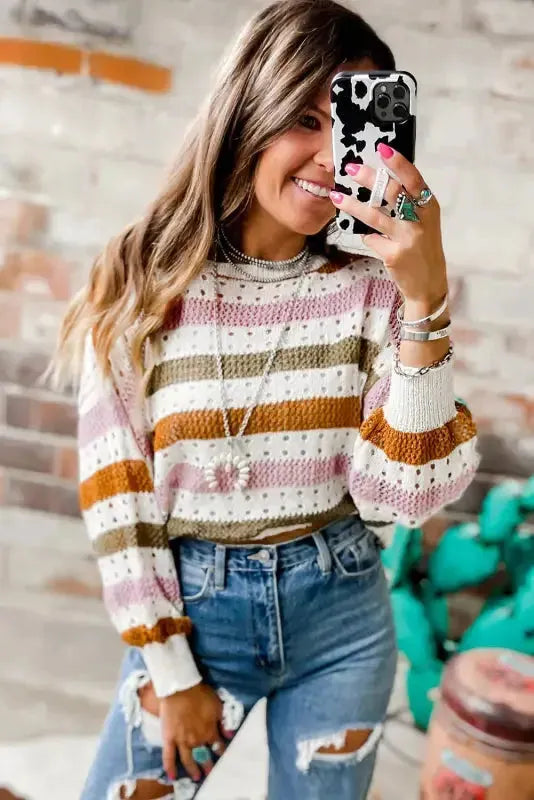 Knitted Loose Sweater - Striped Hollowed-1