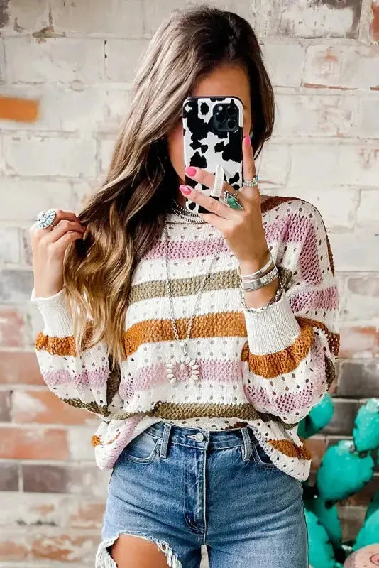 Knitted Loose Sweater - Striped Hollowed-2