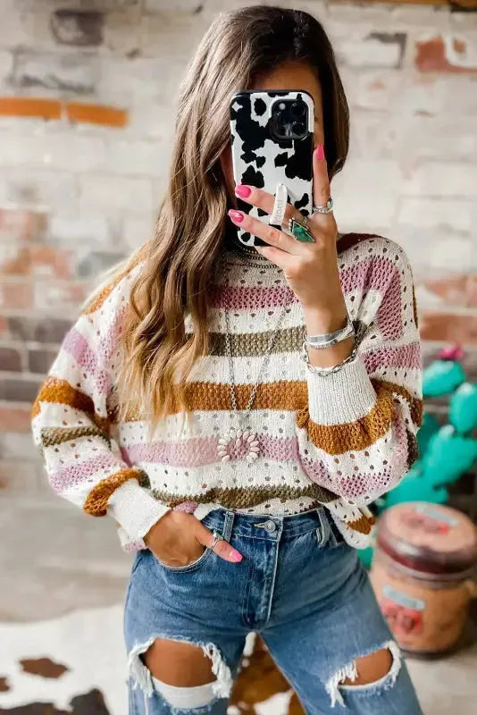 Knitted Loose Sweater - Striped Hollowed-3