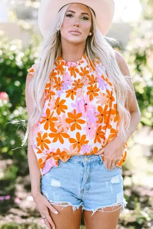 Orange Ruffled Sleeve Smocked Floral Top-2