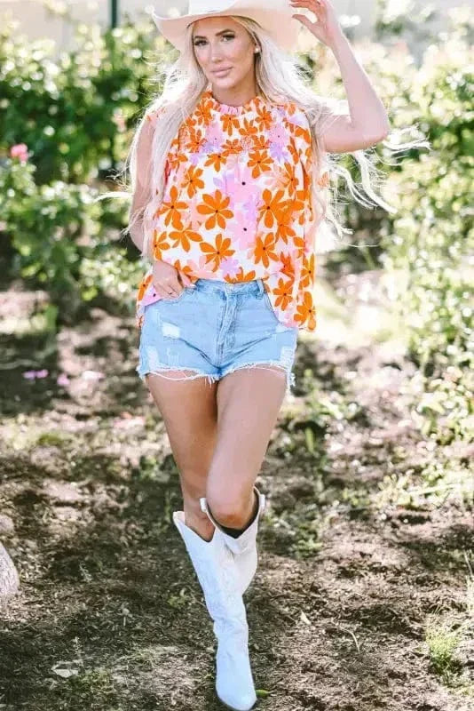 Orange Ruffled Sleeve Smocked Floral Top-4