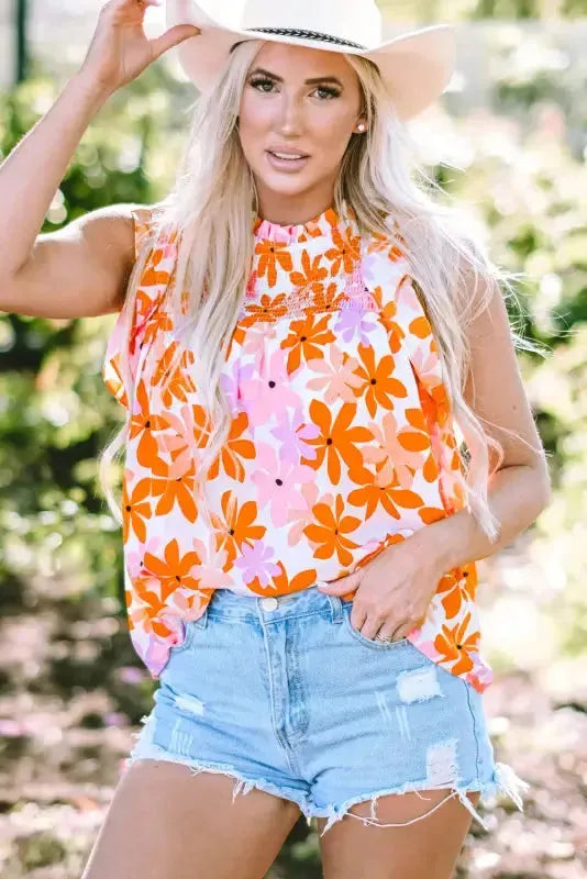 Orange Ruffled Sleeve Smocked Floral Top-0