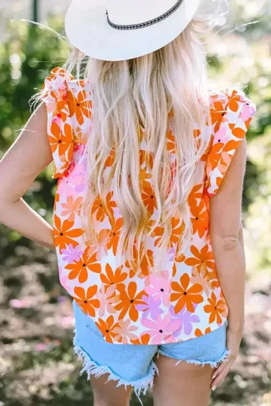 Orange Ruffled Sleeve Smocked Floral Top-1