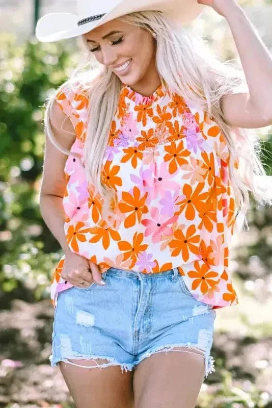 Orange Ruffled Sleeve Smocked Floral Top-3