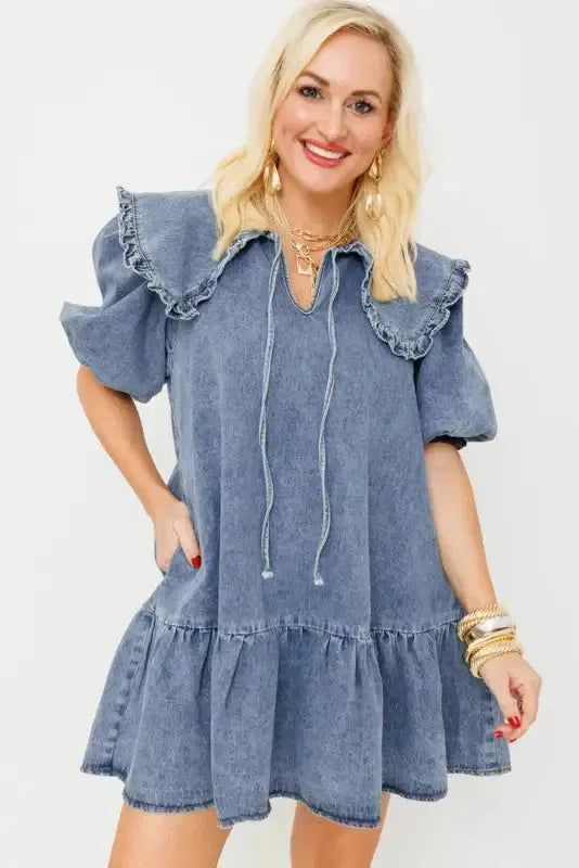 Puff Sleeve Denim Mini Dress-3
