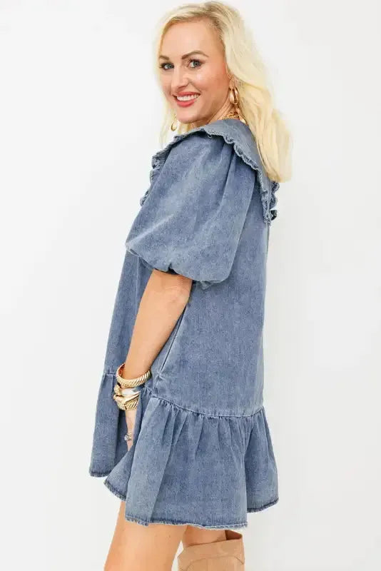 Puff Sleeve Denim Mini Dress-2