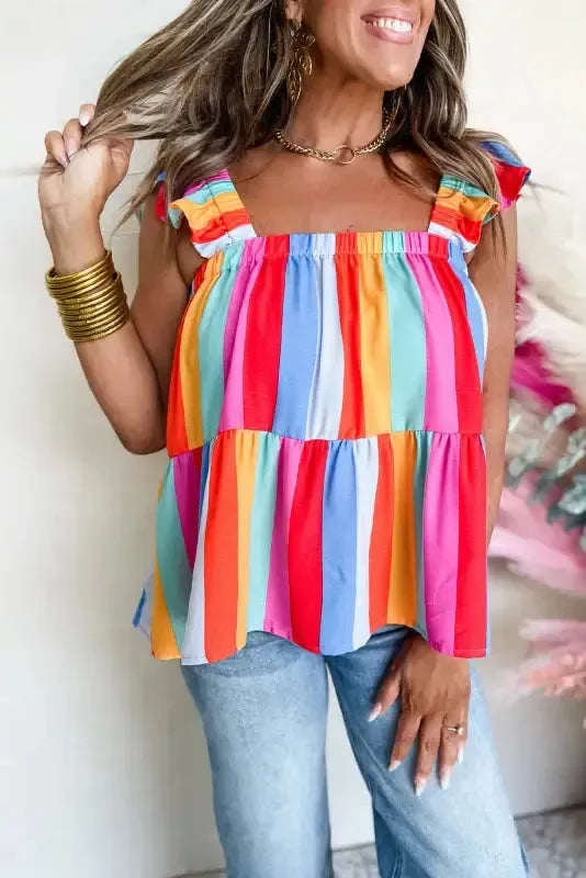 Red Stripe Ruffled Straps Babydoll Tank Top-0