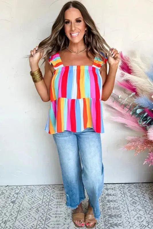 Red Stripe Ruffled Straps Babydoll Tank Top-4