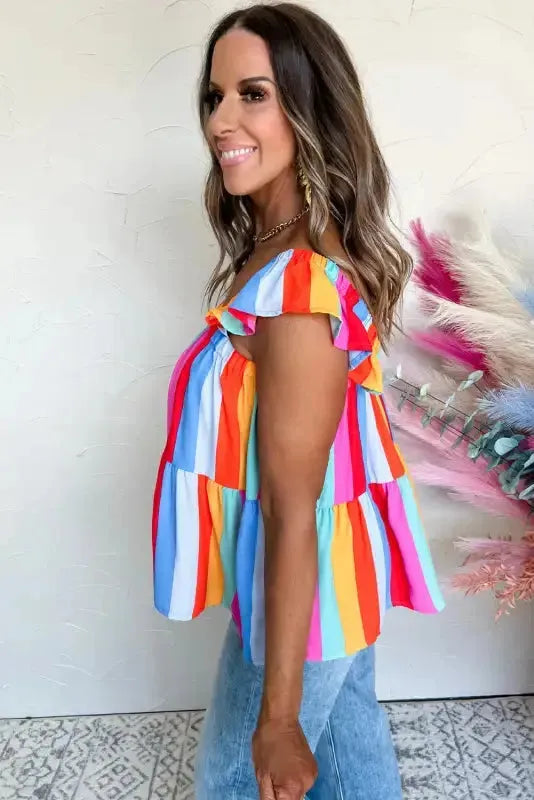 Red Stripe Ruffled Straps Babydoll Tank Top-2