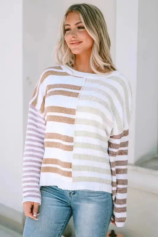 Stripe Blocked Drop Shoulder Slouchy Sweater-3