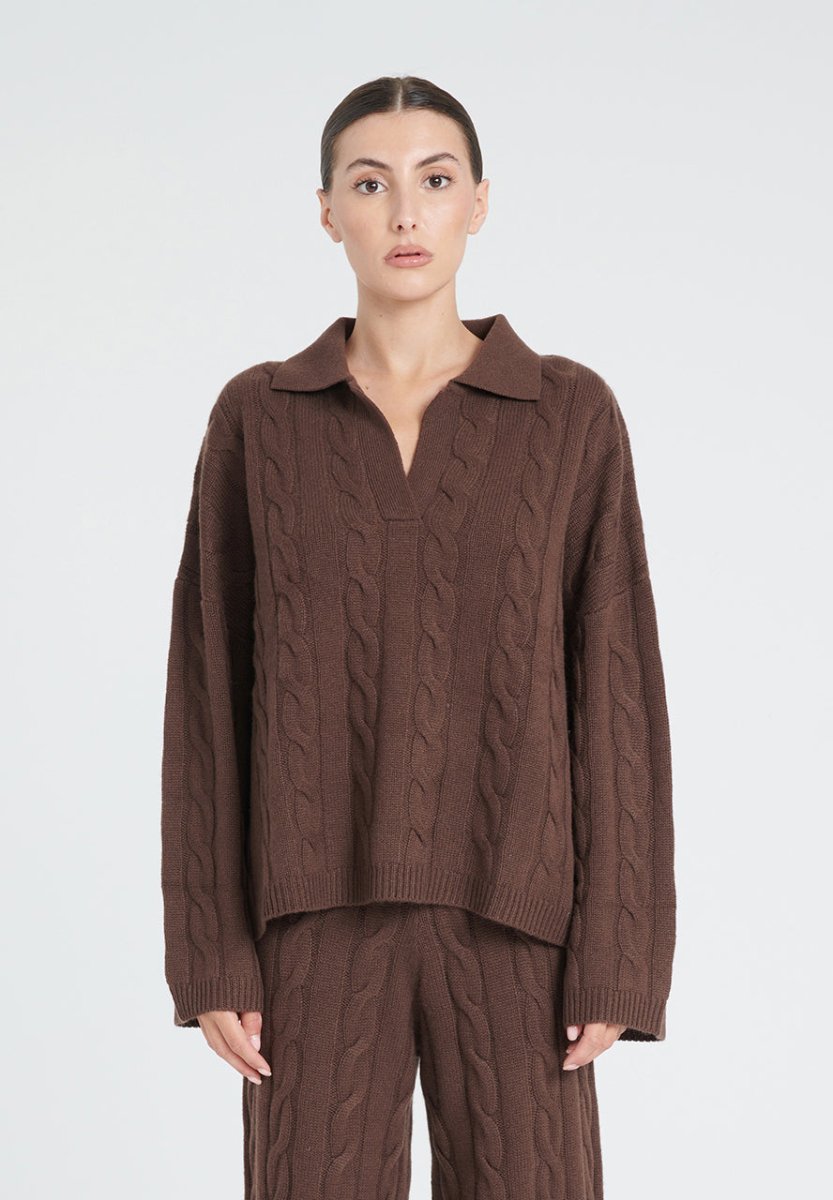 Polo manches longues cachemire 6 fils marron femme - ZAYA 5-0
