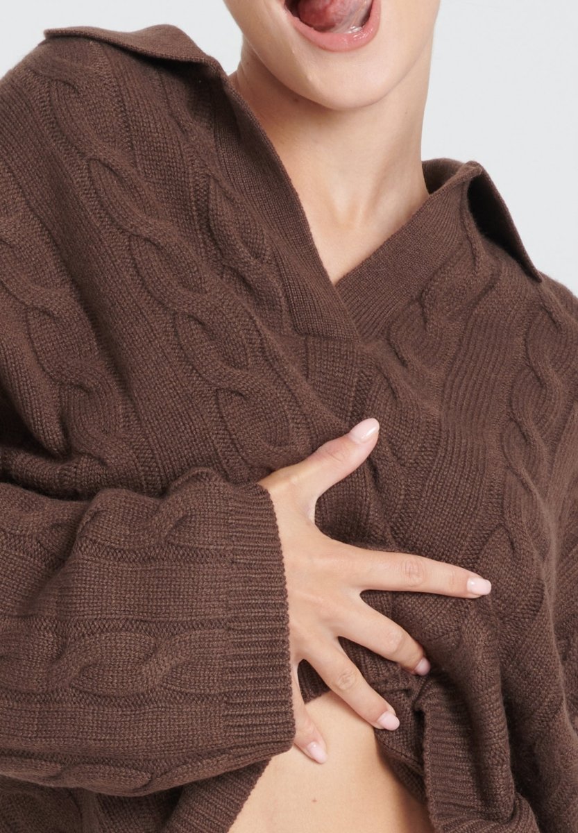 Polo manches longues cachemire 6 fils marron femme - ZAYA 5-3